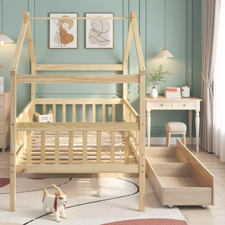 Sunvega Twin Size Wooden House Bed with Two Drawers and Headboard in White