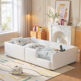 Sunvega Pink Twin Size Upholstered Platform Bed with Guardrail and Charging Station