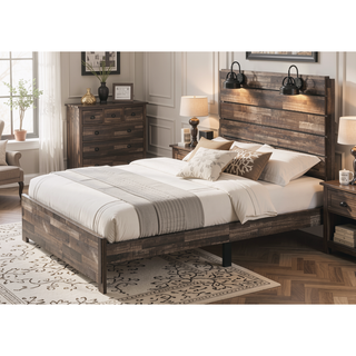 Sunvega Rustic Weathered Brown King Size Platform Bed with Decking Headboard and Lamps