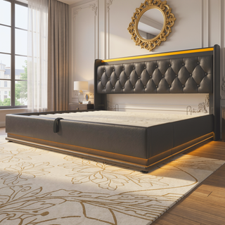 Sunvega Full Size Upholstered Bed with 360 LED Lighting Hydraulic Storage and USB Charging