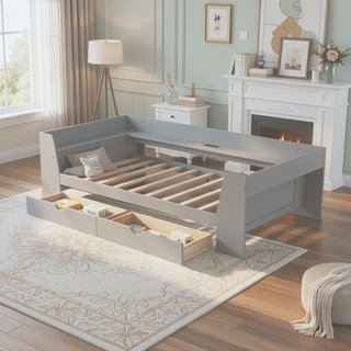 Sunvega Twin Size Daybed with Storage Shelves, Drawers, and Built-In Charging Station