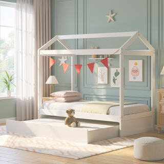 Sunvega White House Bed with Trundle for Two Children to Share Secrets