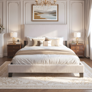 Sunvega Full Bed with Nailhead Trim and Solid Wood Legs in Modern Black Finish