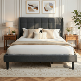 Sunvega Modern Upholstered Platform Bed Frame with Button Tufted Linen Headboard