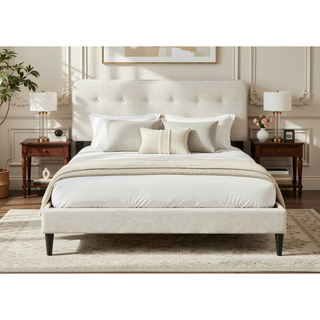 Sunvega Queen Upholstered Pleated Bed in a Box with Sturdy Dark Brown Frame