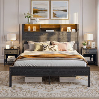 Sunvega Twin Size Bed Frame with Storage Headboard, Charging Station, and Bookcase