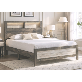 Sunvega King Size Platform Storage Bed with Plank-style Headboard and Built-in Lighting