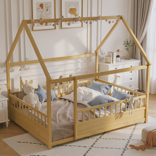 Sunvega Twin Size Floor Wooden Bed with House Roof Frame and Fence Guardrails