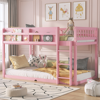 Sunvega Low Twin Over Twin Solid Wood Bunk Bed with Ladder for Kids & Juniors
