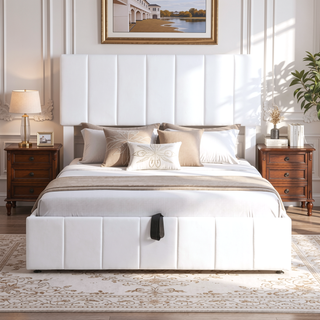 Sunvega Upholstered Platform Bed with Hydraulic Storage System in White Linen