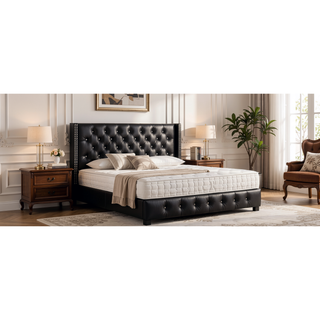 Sunvega Elegant Black Upholstered Queen Bed Frame with Durable Construction