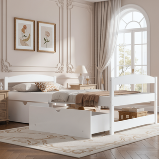 Sunvega White Twin Size Platform Bed with Trundle and Headboard Footboard