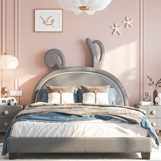 Sunvega Full Size Upholstered Leather Platform Bed with Rabbit Ornament and High Load Capacity