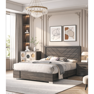 Sunvega Contemporary Grey Finish Queen Size Bed with Clean Lines Headboard