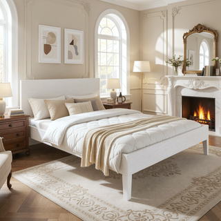 Sunvega Queen Platform Bed in White Crafted from Solid Pine with 28-Slat Support