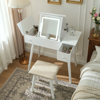 Sunvega Makeup Vanity Desk Set with Large LED Light Mirror and Storage Drawers