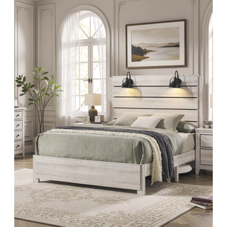 Sunvega Rustic Style Butcher Block Finish Weathered Cream White King Size Platform Bed