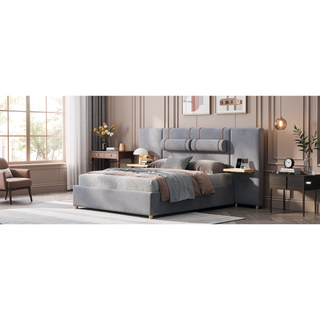 Sunvega Queen Upholstered Velvet Platform Bed with USB Ports and Storage Shelves