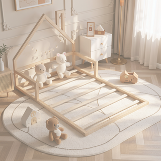 Sunvega Natural Wood Floor Bed with House-Shaped Headboard for Kids Room