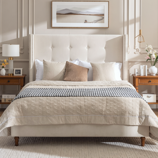 Sunvega Blue Velvet King Bed with Nailhead Trim Wingback and Buttoned Tufting