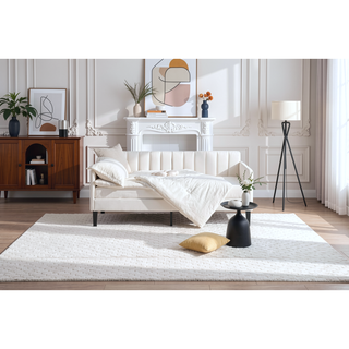 Sunvega Twin Size Beige Velvet Upholstered Daybed with Ribbed Tufted Backrest