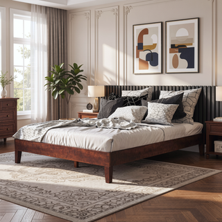 Sunvega Queen Platform Bed in Natural Finish with 28-Slat Support and 650lb Capacity