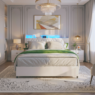 Sunvega Queen Bed Frame with Ergonomic Headboard Outlets Charger LED Light Storage