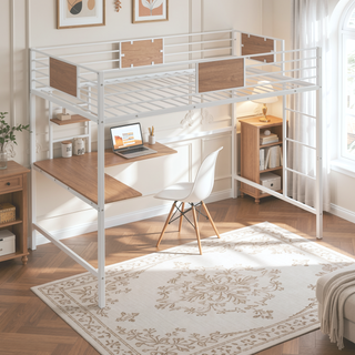 Sunvega Twin Metal Loft Bed with Desk and Shelve in Clean White Finish