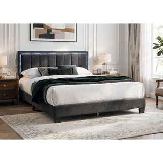 Sunvega Queen Size Bed with Channel Tufted Wool Upholstered Headboard and LED Lights