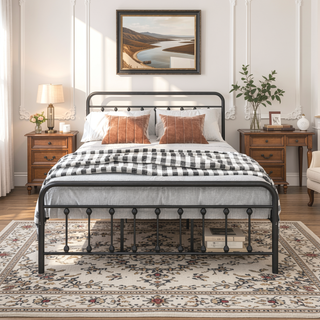 Sunvega Victorian Style Queen Size Metal Platform Bed Frame with Headboard and Under Bed Storage