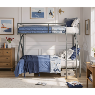 Sunvega Gray Metal Twin/Full Bunk Bed with Guard Rails and Ladder