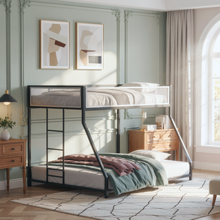 Sunvega Contemporary Twin Over Full Metal Bunk Bed with Reversible Ladder and Mesh Safety Rails