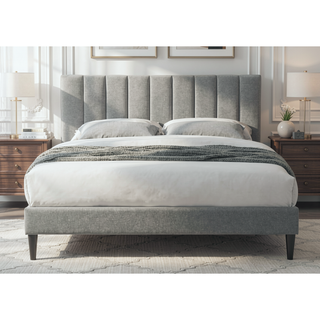 Sunvega Queen Upholstered Pleated Bed in a Box with Sturdy Dark Brown Frame