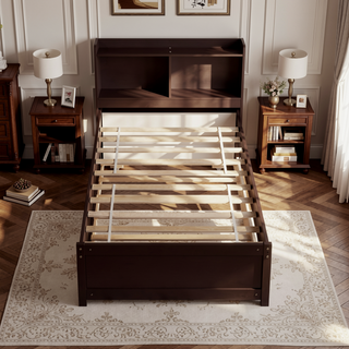 Sunvega White Twin Trundle Bed with Storage Headboard and Bookcase