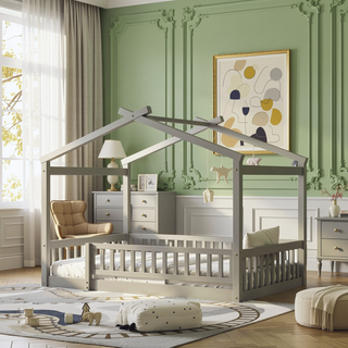 Sunvega Full Size House Bed Frame with Playhouse Fence and Roof for Kids