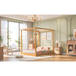 Sunvega White Queen Size Canopy Platform Bed with Support Legs and Sturdy Frame
