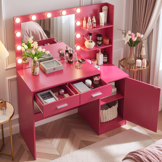 Sunvega Black 46.4 Inch Vanity Desk with Mirror Lights and Large Drawers