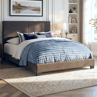 Sunvega Warwick Brown Upholstered Eastern King Panel Bed with Solid Wood Legs and Padded Frame