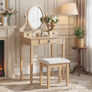 Sunvega Pink Wood Makeup Vanity Table and Stool Set with Mirror and Storage Drawers