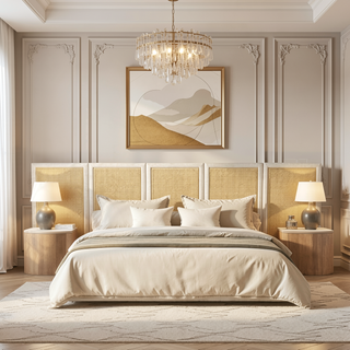 Sunvega Antique White Polyester Cane Platform Bed with Upholstered Headboard