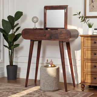 Sunvega Solid Mango Wood Mini Foldable Vanity Table with Mirror and Drawer