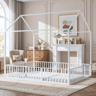 Sunvega White Twin Size Metal House Bed with Fence and Door for Kids