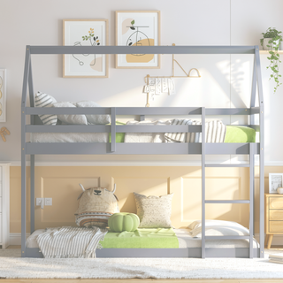 Sunvega Rubber Wood Twin over Twin Bunk Bed with Ladder and Guardrails