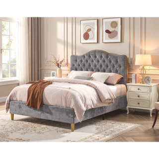 Sunvega Upholstered Queen Bed Frame with Tufted Headboard and Curved Design