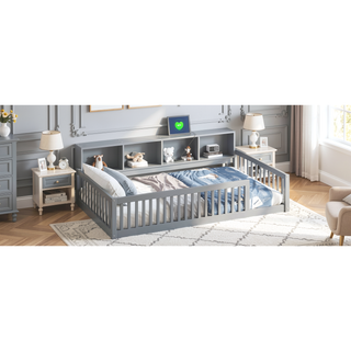 Sunvega White Wood Twin XL Floor Bed with Storage Cabinets and USB Charging Ports