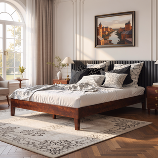 Sunvega Queen Platform Bed in Natural Finish with 28-Slat Support and 650lb Capacity