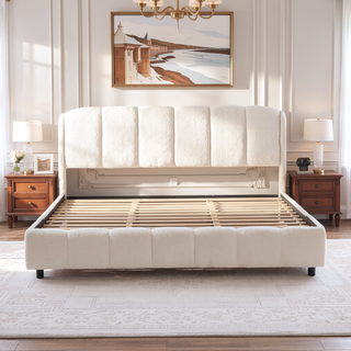 Sunvega King Size Boucle Upholstered Platform Bed with Curved Headboard