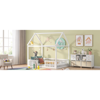 Sunvega Twin Size Wood House Bed with Fence Door and Distressed Washed Design