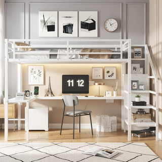 Sunvega Twin XL Size Loft Bed with Wardrobe Stairs USB LED Light and Desk