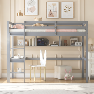 Sunvega Twin Size Loft Bed with Desk, Shelves, Safety Guardrail and Ladder in White